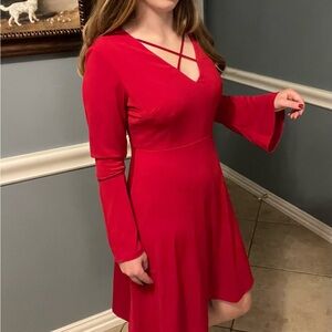 Red A-Line Cocktail Dress with Bell Sleeves and V-Neck